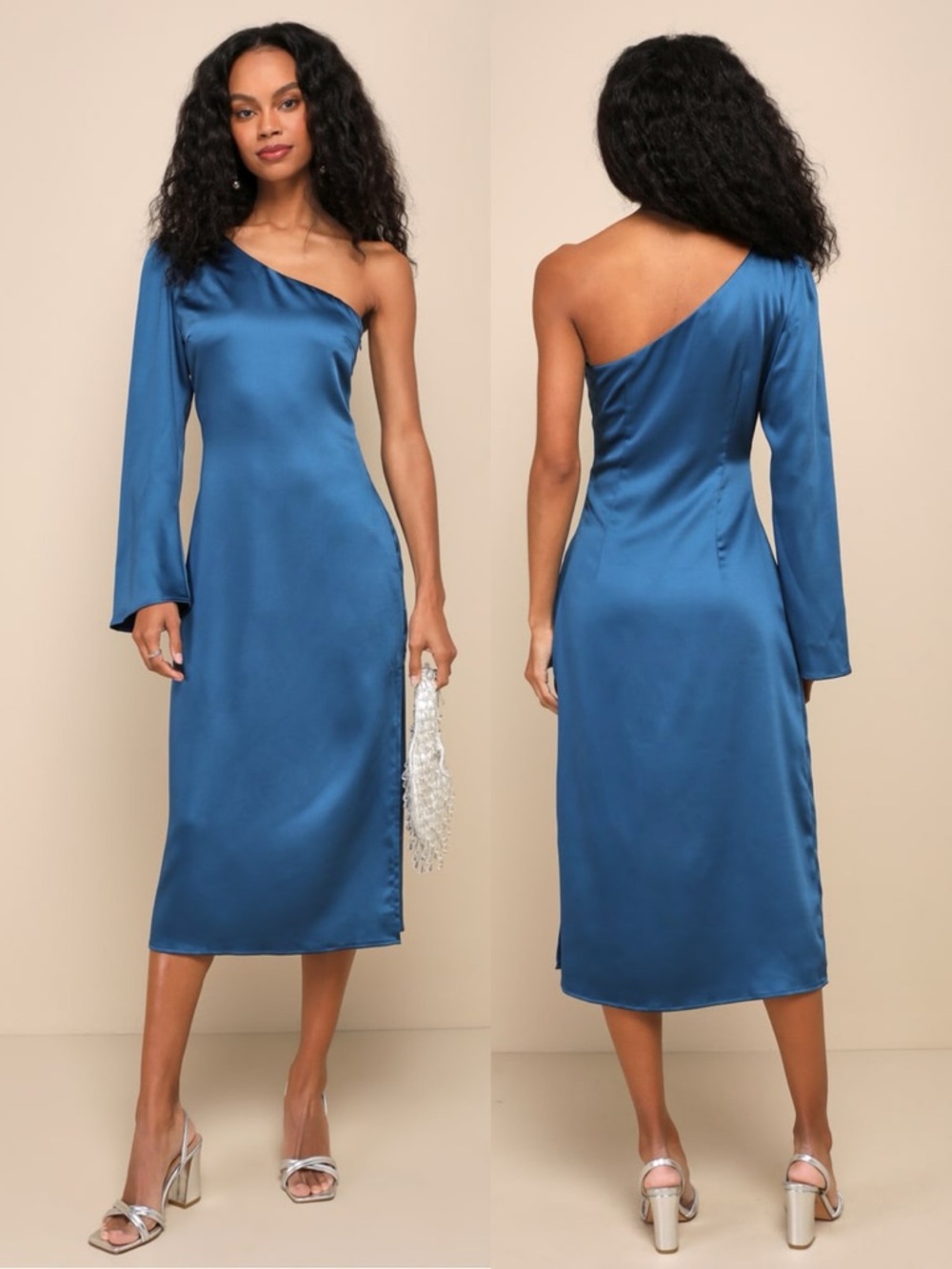 NWT Lulu’s Positively Excellent Teal Blue Satin One-Shoulder Midi Dress